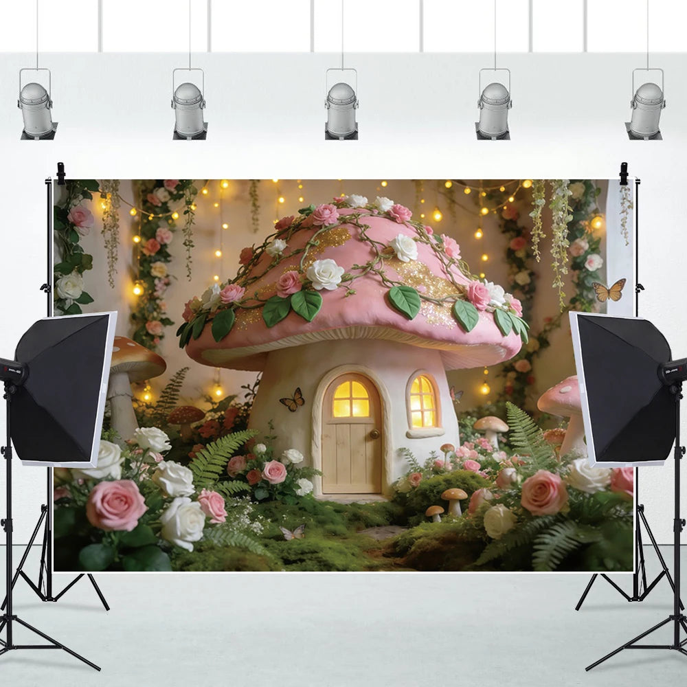 Pink Mushroom House Backdrop Enchanted Fairy Forest Floral Photography Background for Girls Birthday Baby Shower Party Decor
