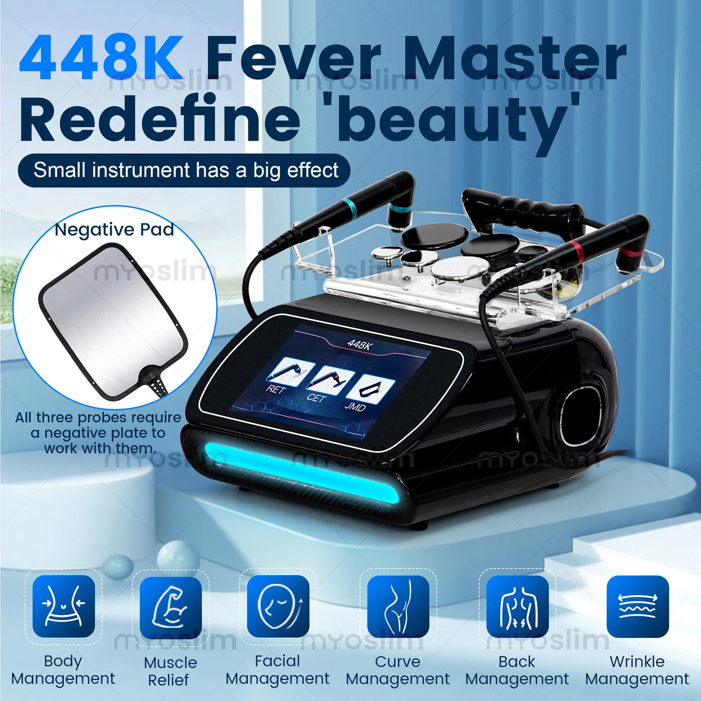 448KHz Professional RF Beauty Machine 3 Handles 8 Probes Skin Firming Cellulite Reduction Back Abdomen Thighs Device