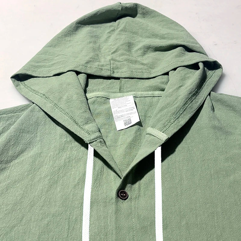 2026 New Men Cotton Linen Hooded Long Sleeve Shirt Drawstring Hood Casual Beach Vacation Travel Daily Walking Button Down Blouse