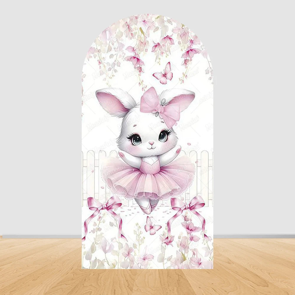 Cute Pink Bow Ballerina Bunny Rabbit Arch Backdrop Cover Flowers Pink Ballet Girl 1st Birthday Party Decor Arch Wall Background