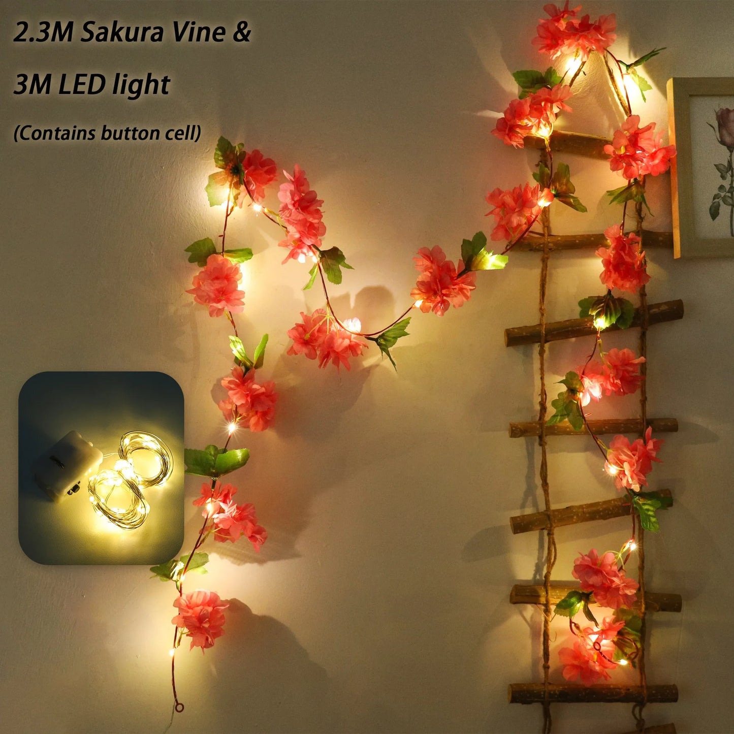 Artificial Sakura Flowers Vine LED String Lights Wedding Decoration Garden Arch Hanging Home Room Decor Christmas Party Ornament