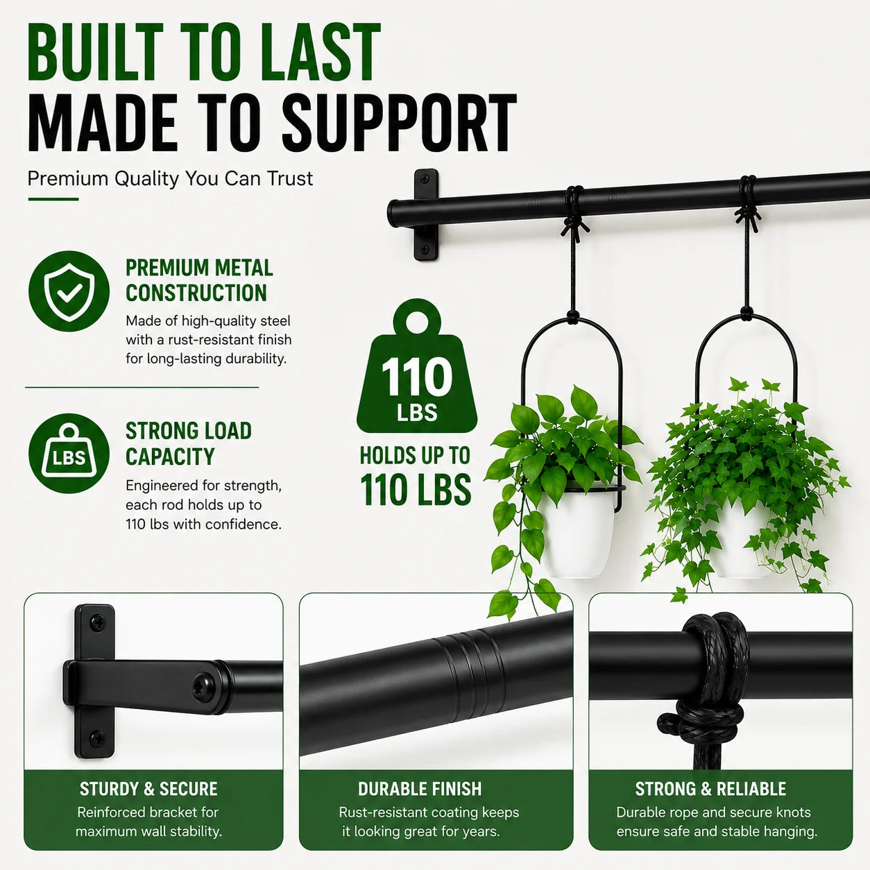 Adjustable Hanging Window Planter with 4 Pots, 41 Inch Wall Mounted Metal Plant Hanger, Space Saving Indoor Herb Garden Hanging Plant Rack for Kitchen, Balcony, Living Room & Home Decor