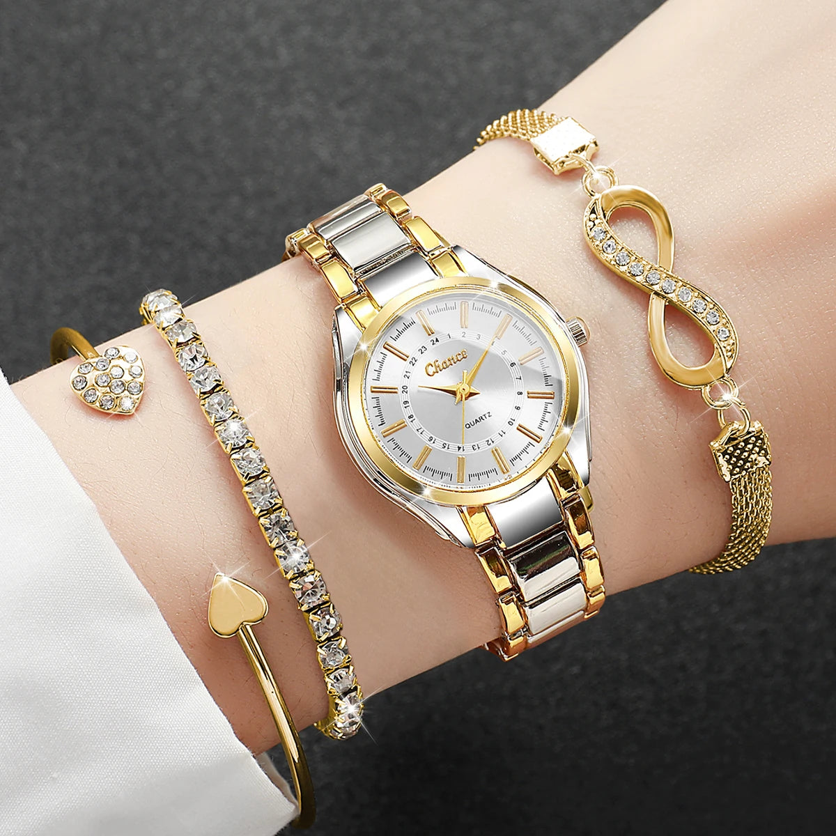 4PCS Elegant Women Watches Bracelets Set Ladies Luxury Analog Quartz Wristwatch Accessories Gift Relogio Feminino（Without Box）