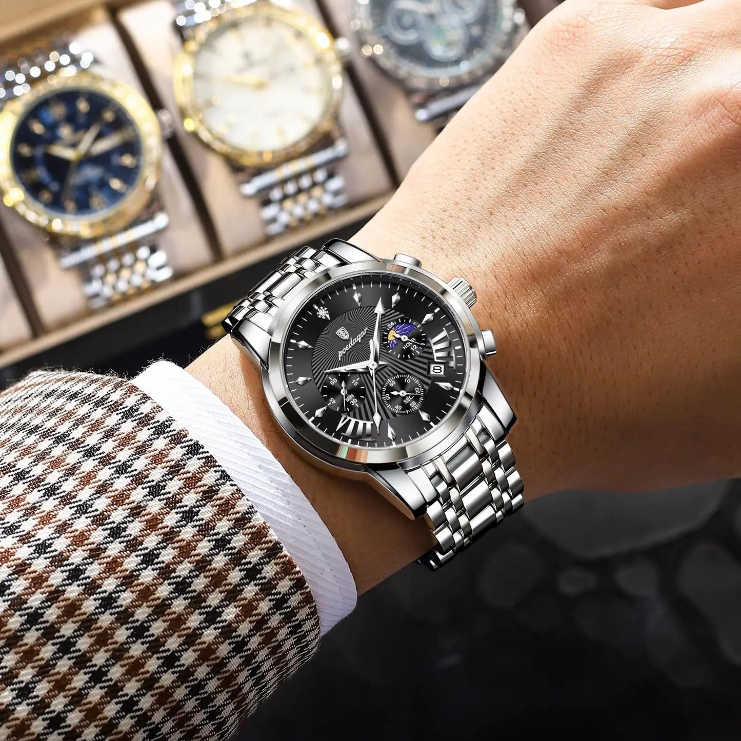 POEDAGAR Top Luxury Men Wristwatch Waterproof Luminous Date Chronograph Male Clock Stainless Steel Business Men's Quartz Watches