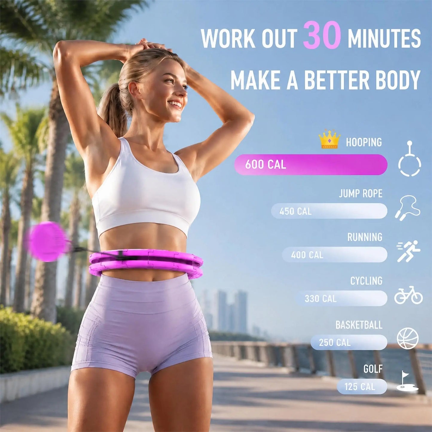 Smart Weighted Fitness Hoop 24 Detachable Links Adjustable Plus Size 47-Inch Slimming Ring Waist Trainer Auto-Spinning Massage Circle for Adults Women Beginners Weight Loss Fat Burning Home Gym Workout Equipment