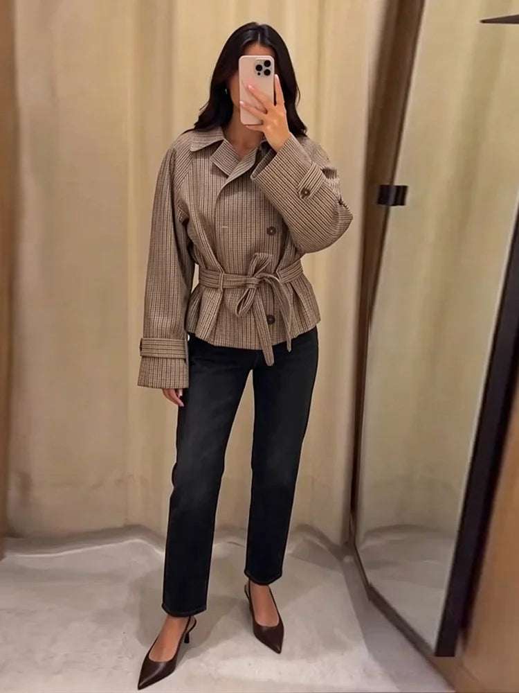Vintage Plaid Belted Jackets Women Slim Full Sleeves Double-breasted Lapel Cropped Coats 2026 New Ladies Autumn Fashion Outwear
