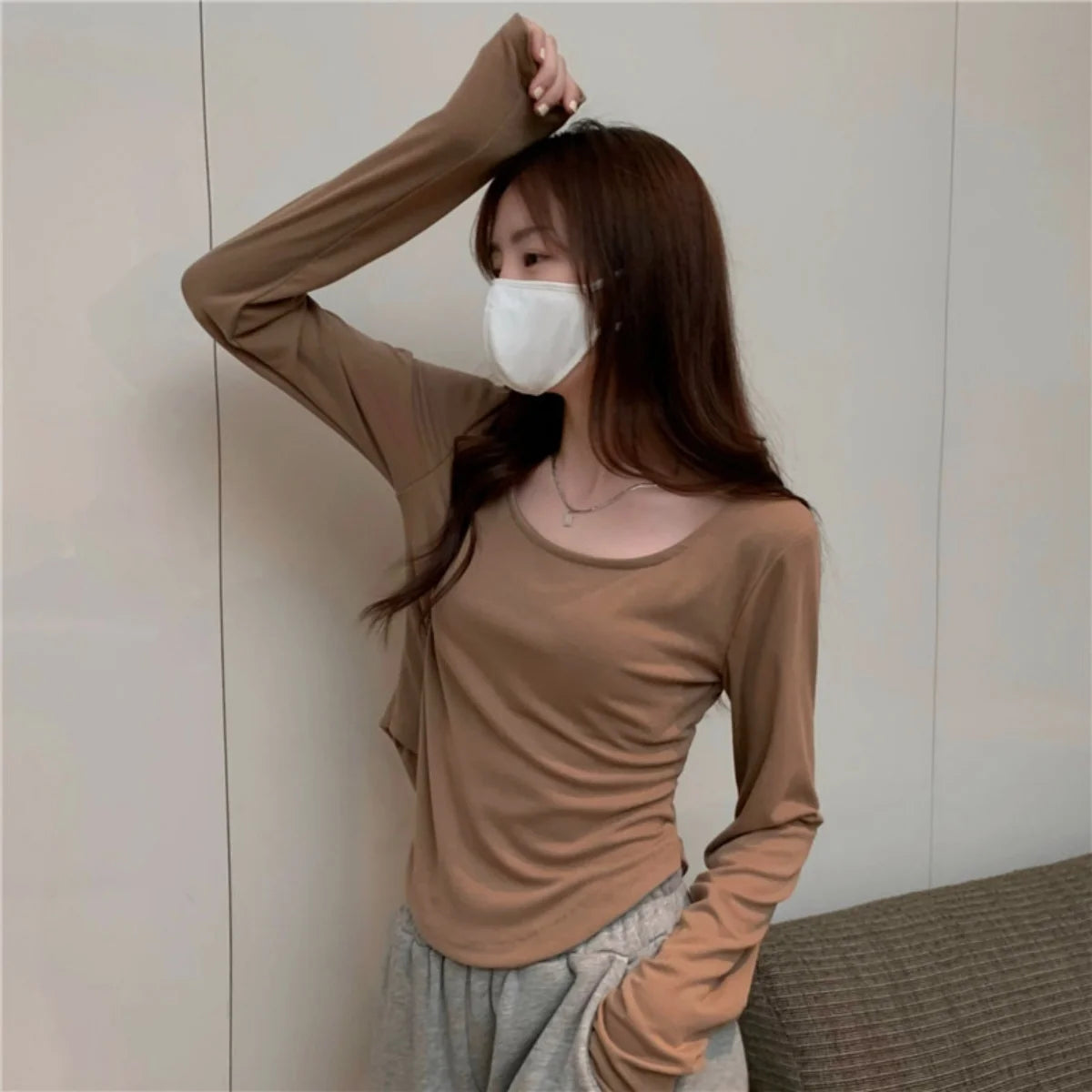 Square Neck Long Sleeve T-Shirt Women Spring Autumn New Irregular Hem Slim Casual Top Solid Bottom Shirts New Korean Streetwear