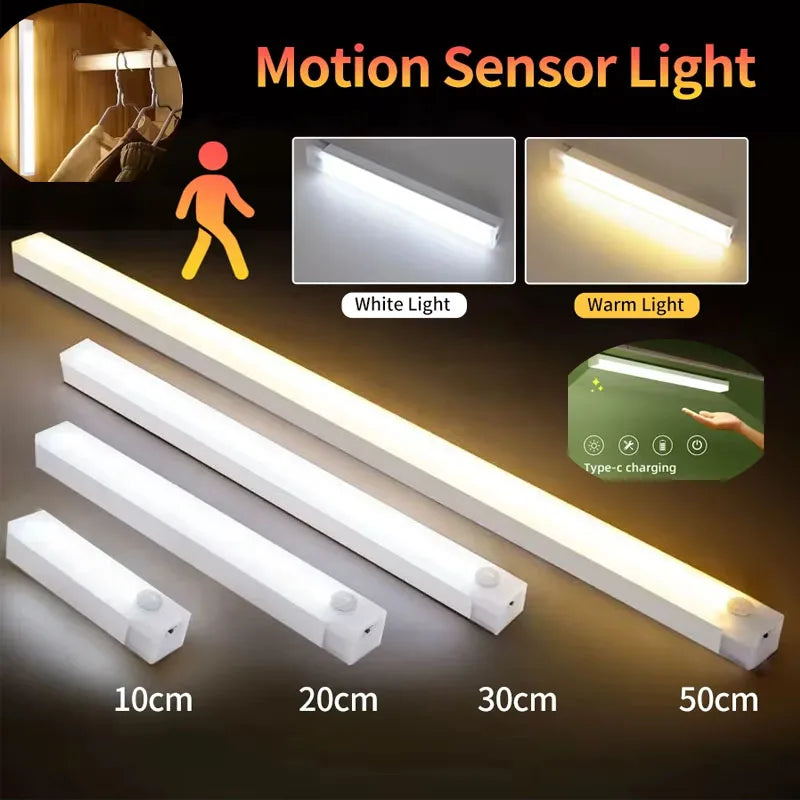 1/2/4PCS Motion Sensor LED Under Cabinet Light Rechargeable Magnetic Strip Lamp for Kitchen and Closet