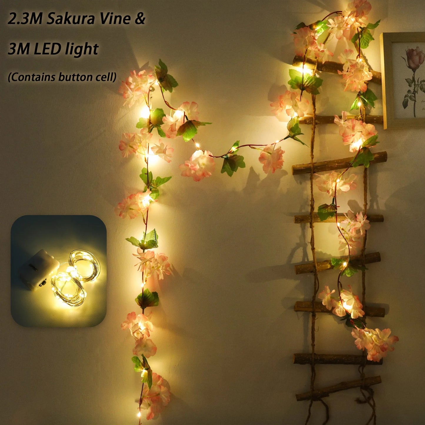Cherry Blossom LED Light Artificial Flowers Vines For Wedding Party Home Decoration Hanging Wall Garden Arch Christmas Ornament