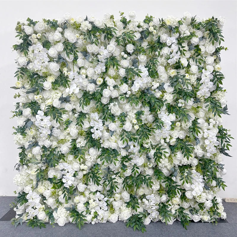 Luxur white Rose Roll Up Cloth 5D Flower Wall Arrangement Wedding Backdrop Decor Hanging Curtain Green Plants Wall Party Props