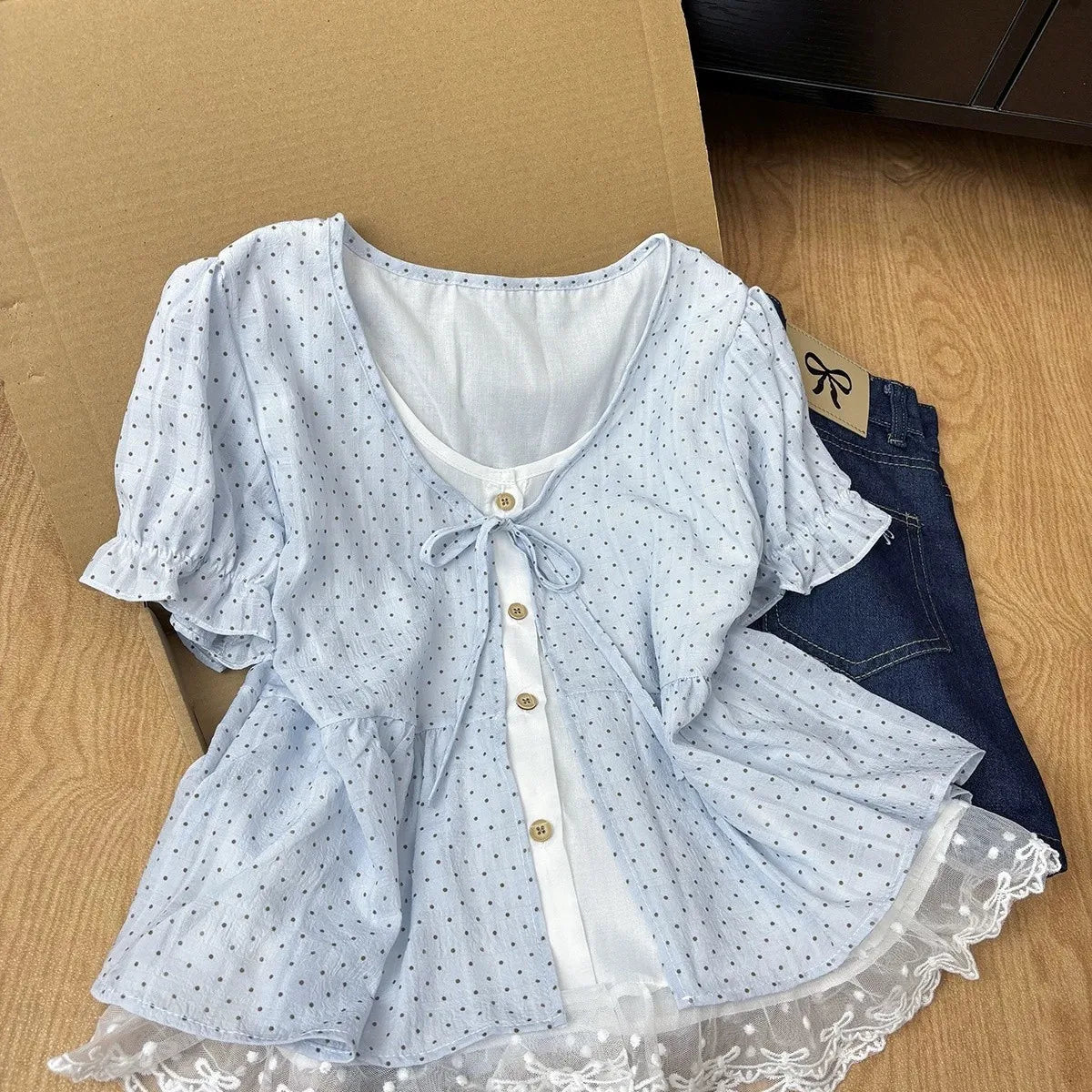 Kawaii Lolita Fake Two Piece Shirts Women Slim Elegant Lace Bow Tees Japanese Harajuku Y2K Sweet Cute Blouse Street Daily Outfit