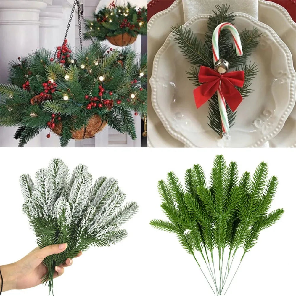 24pcs Christmas Tree Pine Branches Artificial Fake Plants Snow Pines Garland For Christmas Wreath Party Decor Xmas Ornament