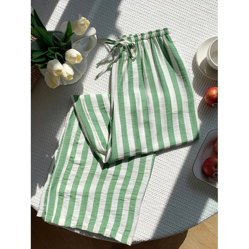 New fashion stripe trousers  Stylish lady Women'S Long Striped Drawstring high Waist Comfortable Loose Wide-Leg Pants