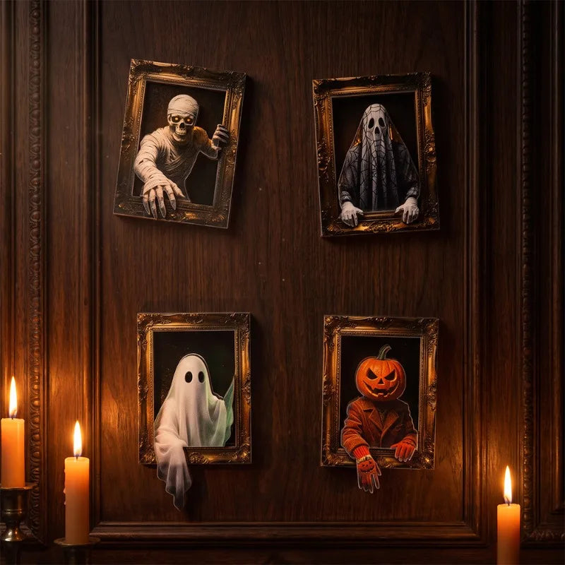 4/8PCS Halloween Wooden Refrigerator Magnet Spooky Art Fridge Magnet Frame Picture Stickers Halloween Party Gift Home Decor