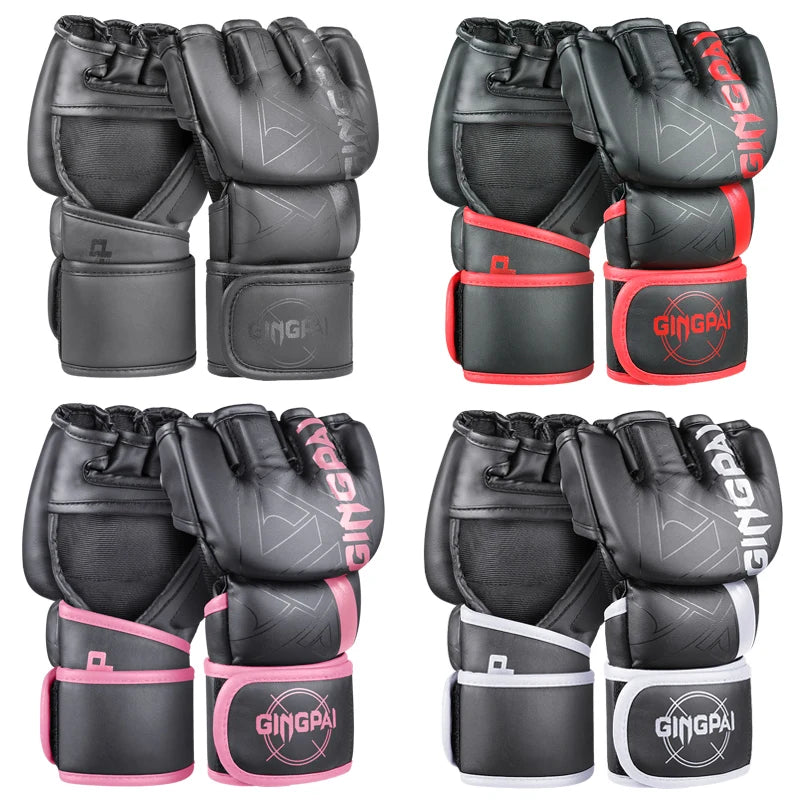 GINGPAI Half Finger Boxing Gloves PU Leather MMA Fighting Kick Boxing Gloves Karate Muay Thai Training Workout Gloves Men