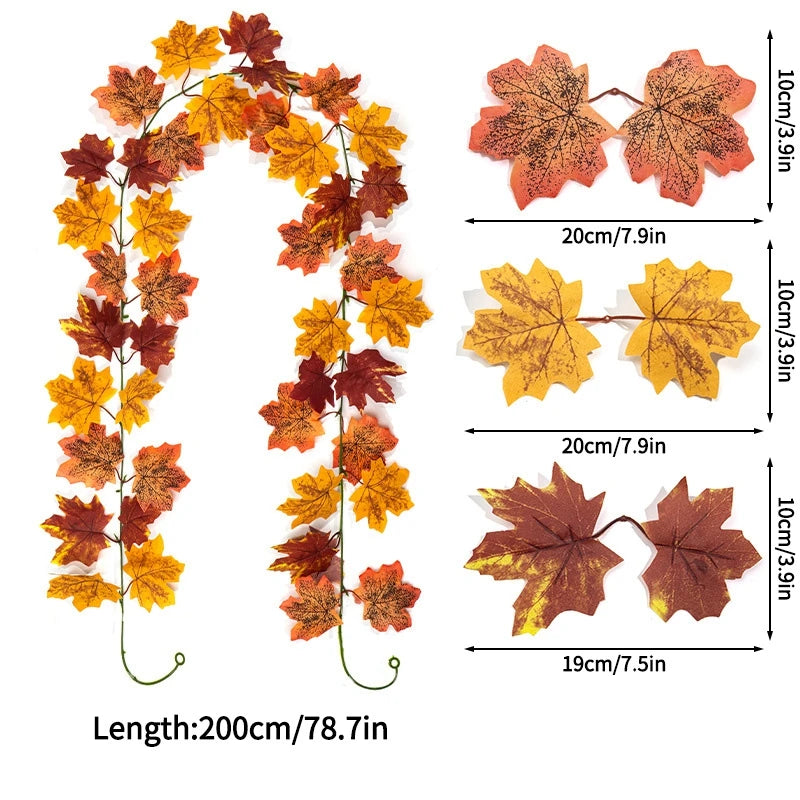 2M Artificial Maple Leaf Garland Fake Fallen Leaves Autumn Decor Rattan for Thanksgiving Halloween Festivals Wedding Xmas Decor