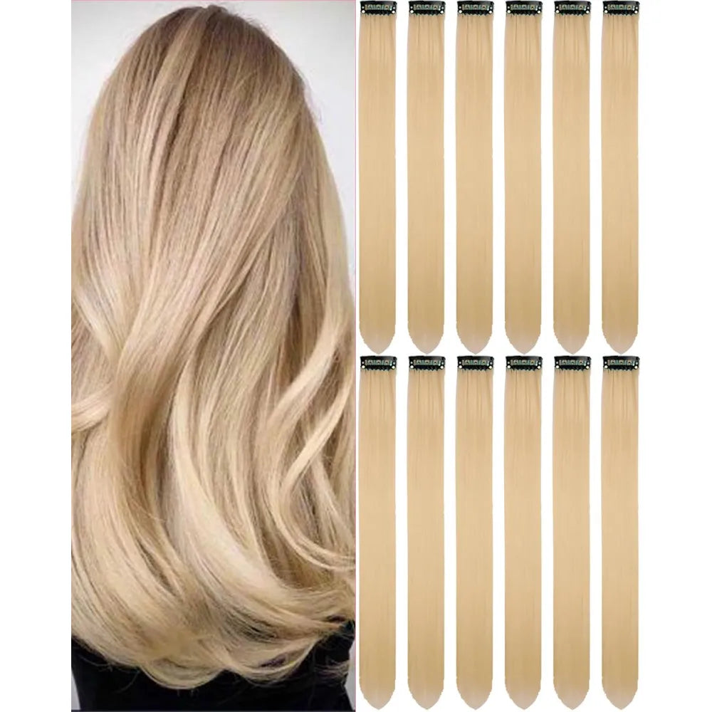 6/12 PCS Hair Extensions Clip, 22in Colored Hair Extensions Party Highlights Long Straight Synthetic Hairpieces for Girls Cospla