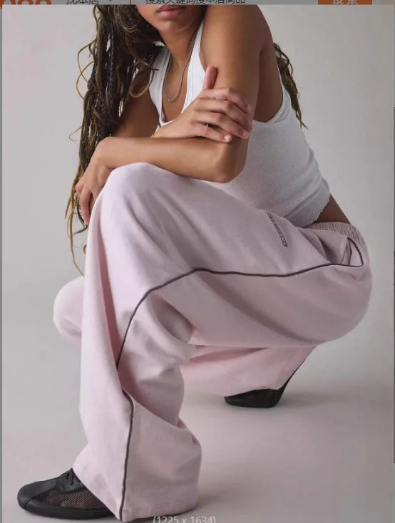 2026 summer wide leg sports pants, loose fit straight leg casual pants, comfortable Striped Wide Leg Sports Pants For Women
