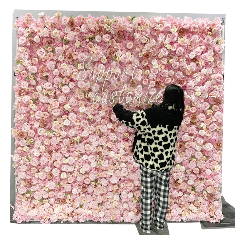 Luxur white Rose Roll Up Cloth 5D Flower Wall Arrangement Wedding Backdrop Decor Hanging Curtain Green Plants Wall Party Props