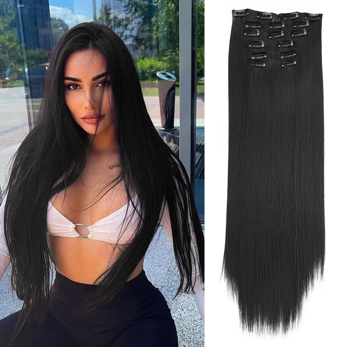 Synthetic Clip In Hair Extensions 6PCS Hair Extensions 24 Inch Long Straight 16 Clip On Hairpieces For Women Girls