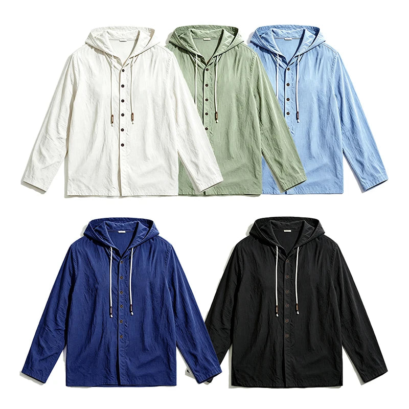 2026 New Men Cotton Linen Hooded Long Sleeve Shirt Drawstring Hood Casual Beach Vacation Travel Daily Walking Button Down Blouse