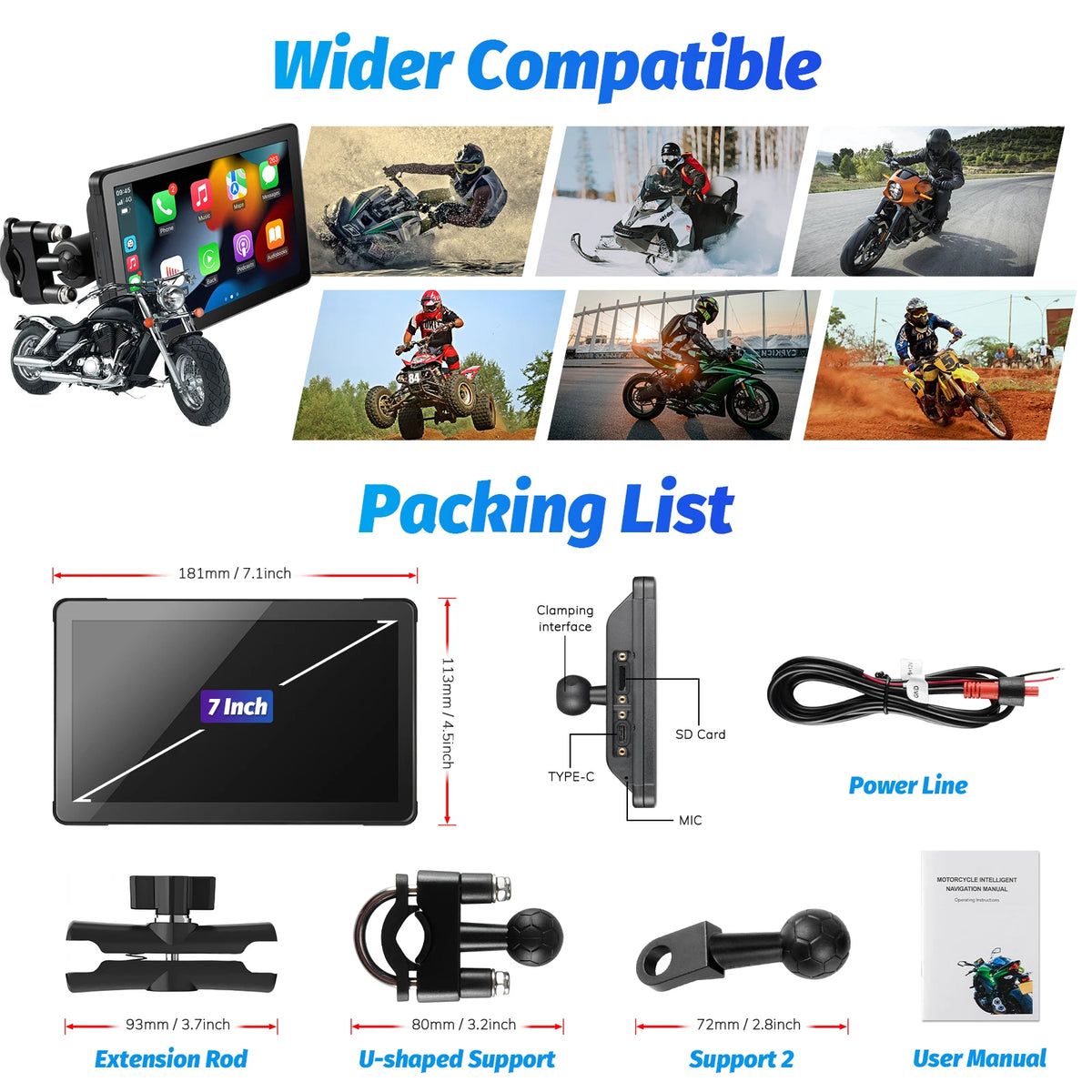 7 inch CarPlay Android Auto Motorcycle Display Screen GPS Navigation Screen Digital Moto Dashboard Motorcycle Accreeories