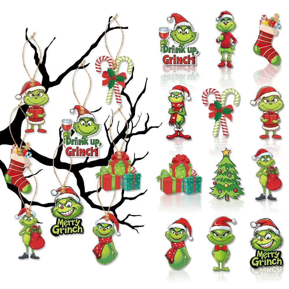 18Pcs 2D Wooden Christmas Tree Green Monsters Ornaments Cute Green Monsters Christmas Tree Pendants Christmas Cartoon Ornaments