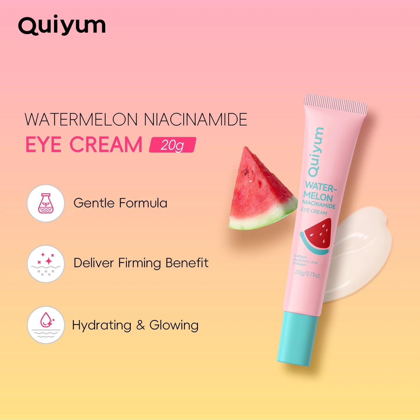 Quiyum Watermelon Niacinamide Eye Cream 20g High Moisture Radiant Glow with Caffeine & Hyaluronic Acid
