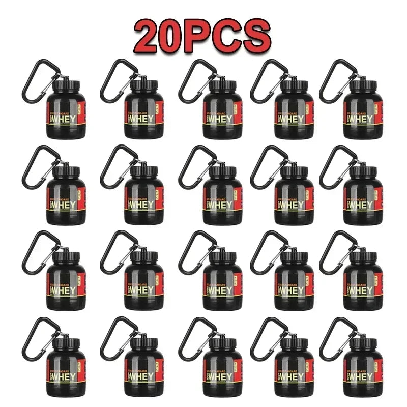 1-20Pcs Portable Protein Powder Bottle Mini Keychain Medicine Powder Container Carabiner Bucket One Cup for Gym Travel Outdoor