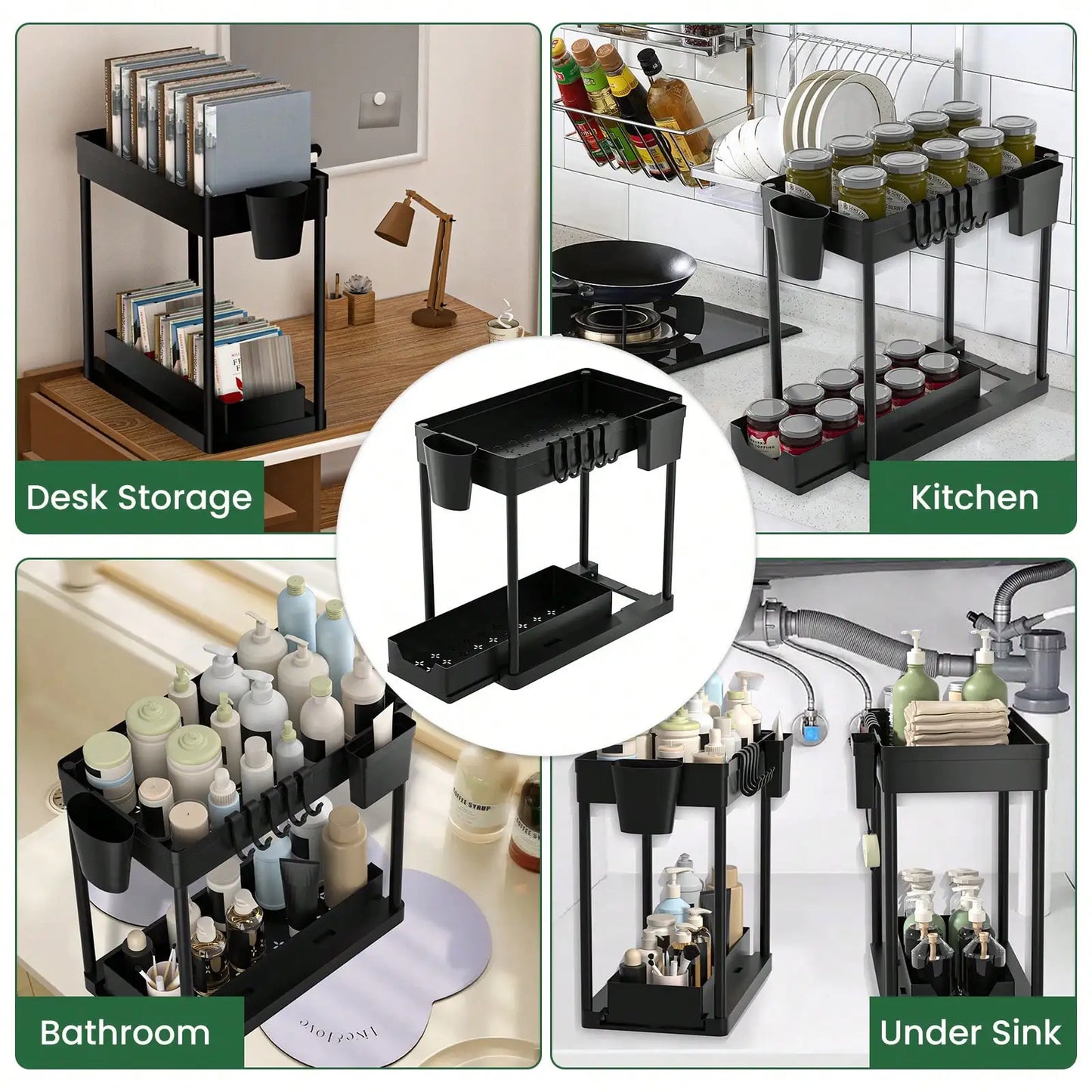 2-Tier Under Sink Organizer with Pull Out Drawer, Slide-Out Cabinet Storage Rack, Stainless Steel Kitchen Shelf with 5 Hooks & 2 Hanging Baskets