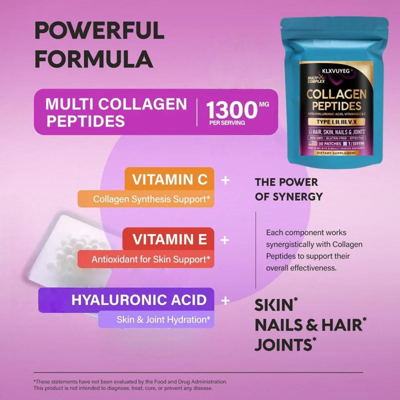 KLXVUYEG Collagen Peptides - Hydrolyzed Types I, II, III, V & X, with Hyaluronic Acid, Vitamins C & E - Skin, Hair, 30 Patches