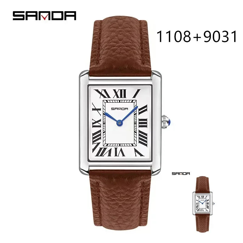 SANDA 9031/1108 Resistant Leather Strap Square Dial Waterproof Sport Casual Women Men Quartz Watches Reloj Luxury Couple Watch
