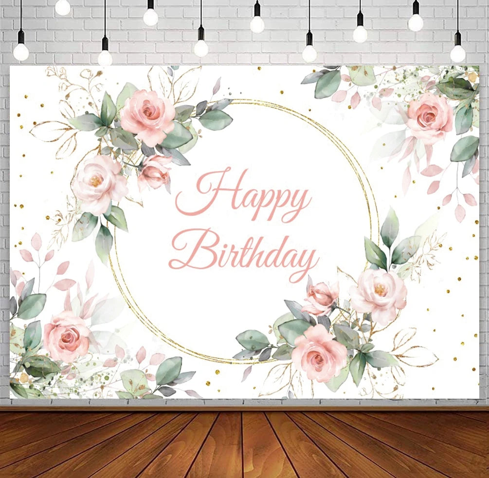 Happy Birthday Backdrop Gold Frame Frame Flower Butterfly Baby Shower Adult Anniversary Birthday Party Photography Background