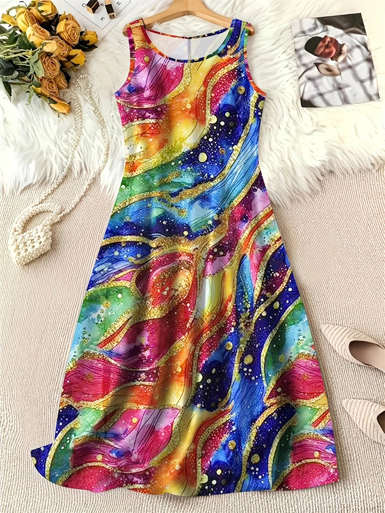 Summer Fashion Round-Neck Women's Dresses Botanical Floral Color-Blocked Patchwork Dresses Travel Party and Beach Dresses