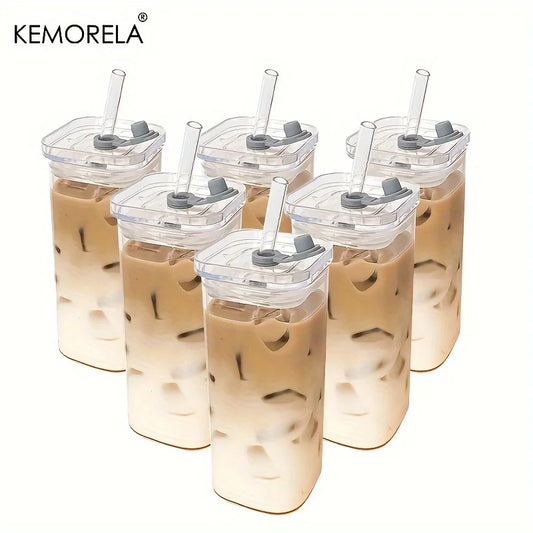1/2/4/6Pc Square Heat Resistant Coffee Glass Cup With Lid and Straw Transparent Milk Tea Juice Coffee Mug For Home Bar Drinkware