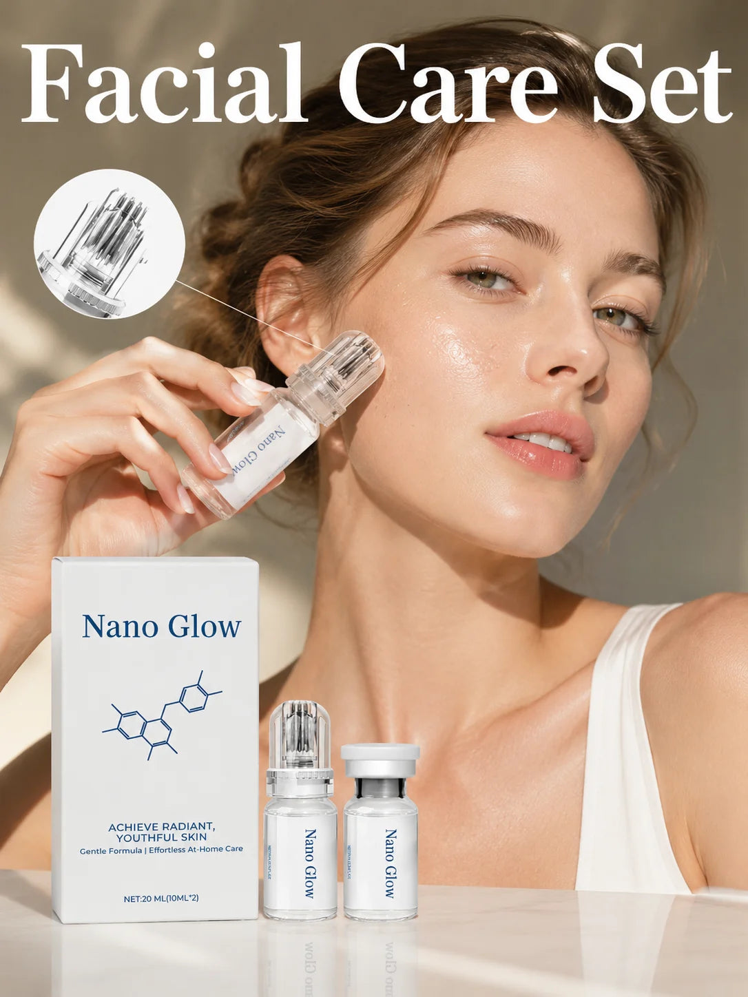 Nano Glow Anti-Aging Serum Kit 2*10ML with Facial Microneedle Roller Hydrating Radiant Youth Skin Home Skin Care