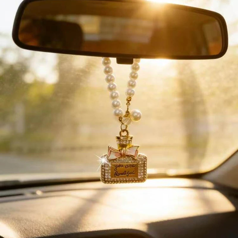 Fashionable Bow Knot Diamond Inlaid Perfume Bottle Car Interior Pendant Exquisite with Drill Car Rearview Mirror Car Accessories