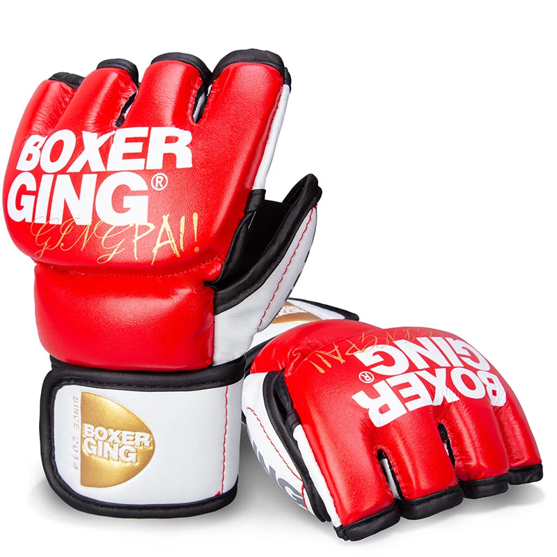 GINGPAI Half Finger Boxing Gloves PU Leather MMA Fighting Kick Boxing Gloves Karate Muay Thai Training Workout Gloves Men