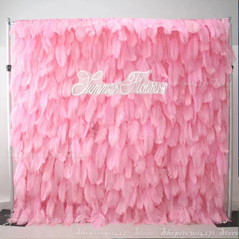 5D Black Rose 8ft X 8ft Feathers Wall Roll Up Backdrop for Wedding Decor Hanging Ivory Artificial Silk Pink Flower Wall Party