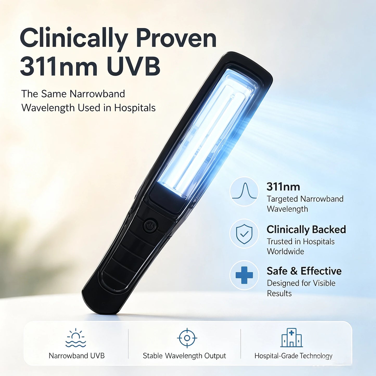 311nm Narrowband UVB Handheld Phototherapy Light Easy Operation Home Travel Skin Care Tool Set
