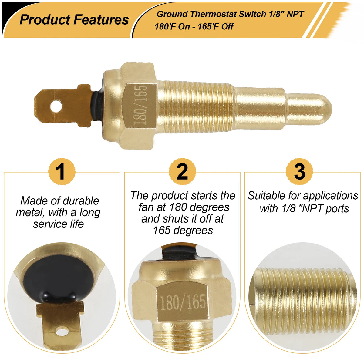 Universal Engine Cooling Fan Thermostat Switch Metal 1/8" NPT  Sensor 180 Fahrenheit On 165 Fahrenheit Off for Water Oil Coolant