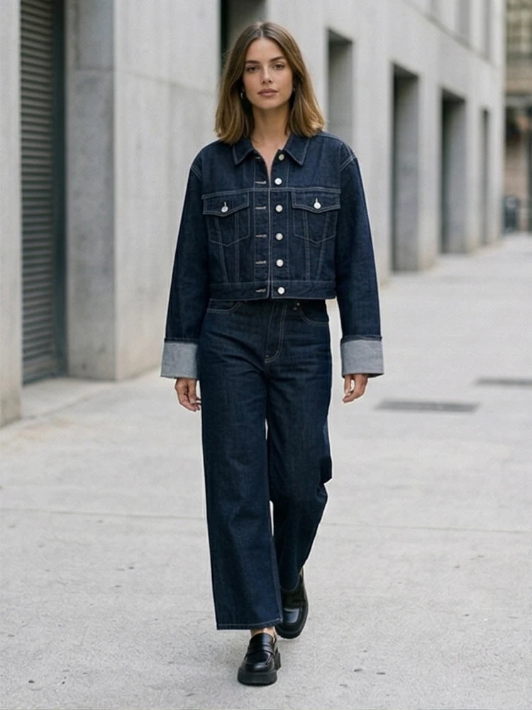 Willshela Women Fashion With Pockets Denim Blue Single Breasted Jackets Vintage Lapel Neck Long Sleeves Female Chic Lady Outfits