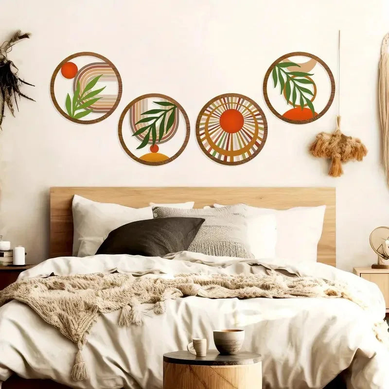 4Pcs Bohemian Wooden Wall Art Decorations Hollow Design Hanging for Living Room Bedroom Courtyard - Unique Decorative Pieces