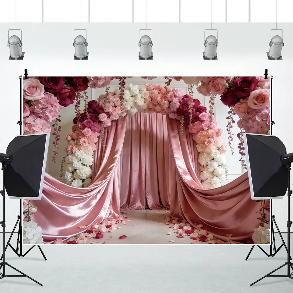 Pink Floral Wedding Backdrop Rose Arch Satin Drapery Photography Background for Bridal Shower Ceremony Photo Booth Decor