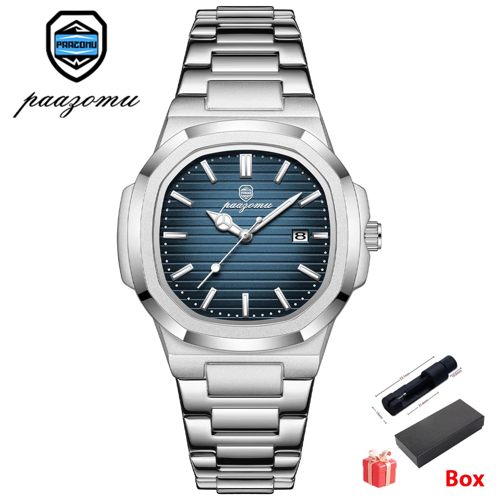 PAAZOMU Luxury Watch Business 50 ATM Waterproof Male Clock Luminous Date Stainless Steel Square Quartz Men Watches Reloj Hombre
