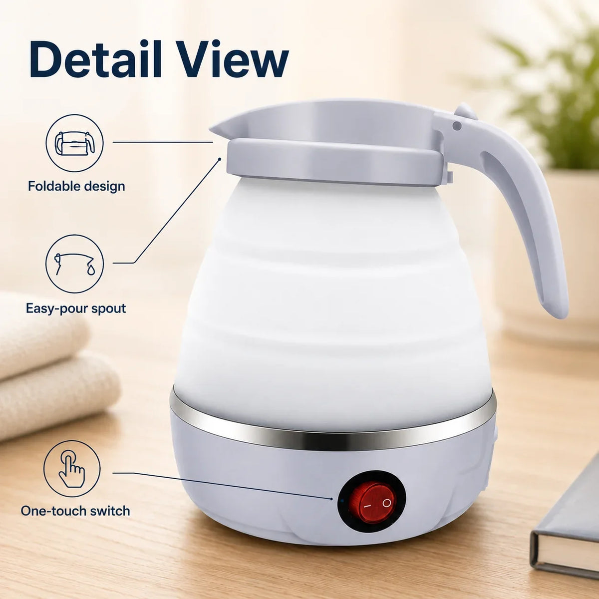 600ml Collapsible Electric Travel Kettle – Foldable, for Camping and Caravanning, with Silicone Handle