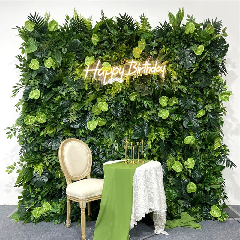 Luxur white Rose Roll Up Cloth 5D Flower Wall Arrangement Wedding Backdrop Decor Hanging Curtain Green Plants Wall Party Props