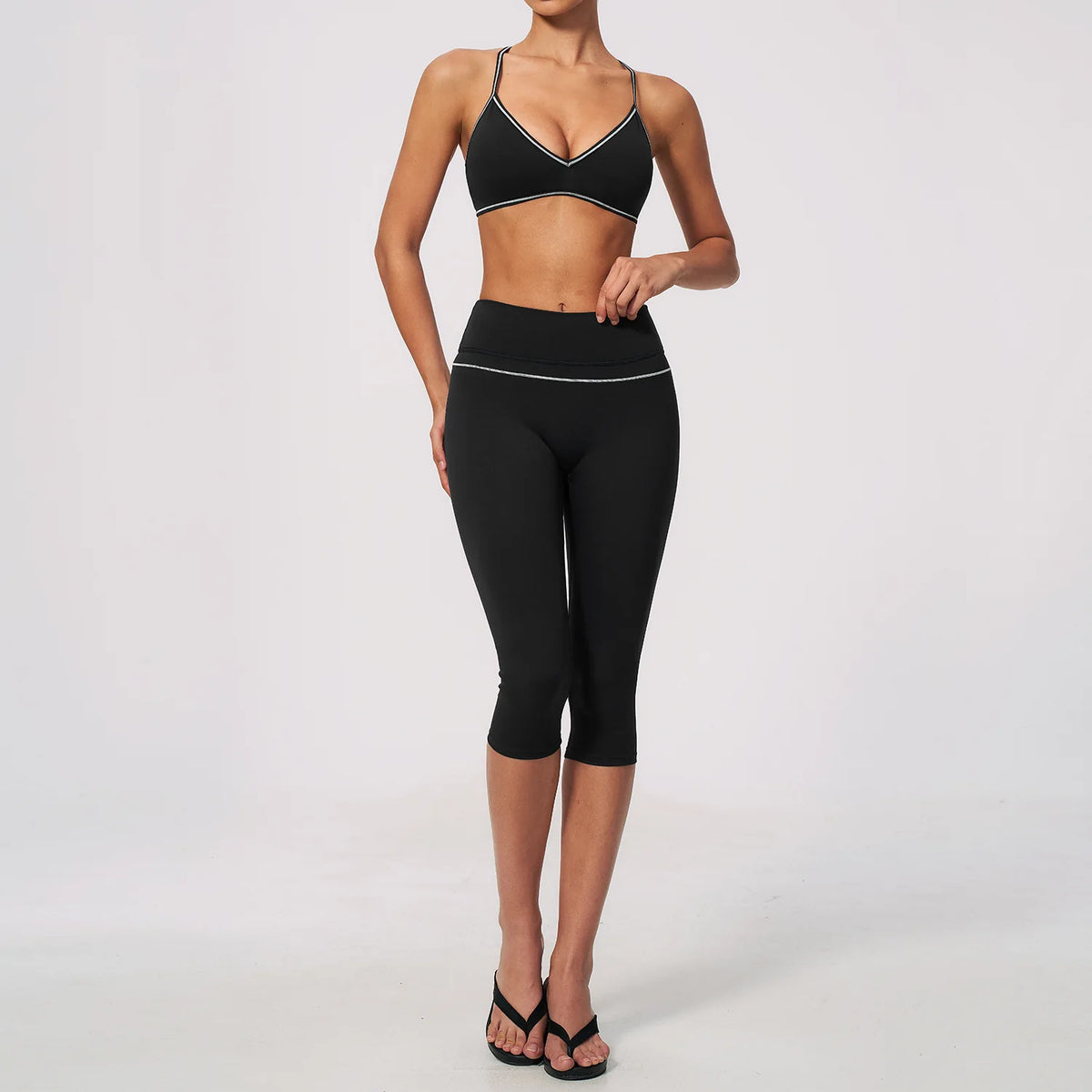 Women 2 Piece Yoga Set V Neck Crop Top and V Back Capri Leggings Butt Lifting Workout Gym Suit Contrast Piping Activewear Female