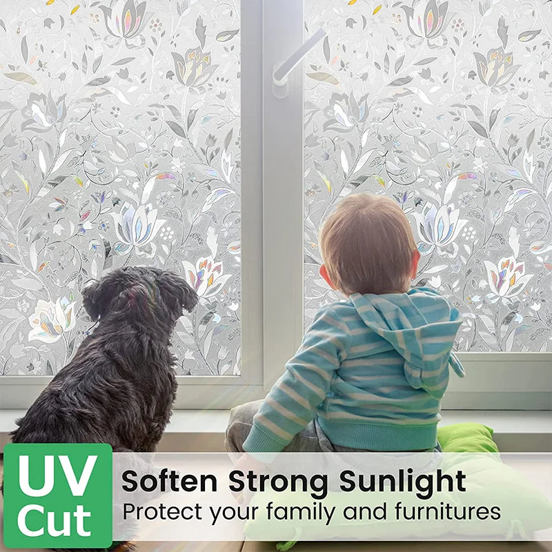 Window Privacy Film Sun Blocking Removable Window Sticker Decorative Glass Film Stained Glass Window Decals Static Cling Flowers
