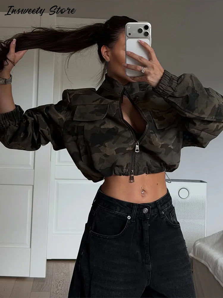 Y2K Camouflage Cropped Jacket Women Stand Collar Long Sleeve Zip Pockets Drawstring Coat 2026 Autumn New Lady Fashion Streetwear